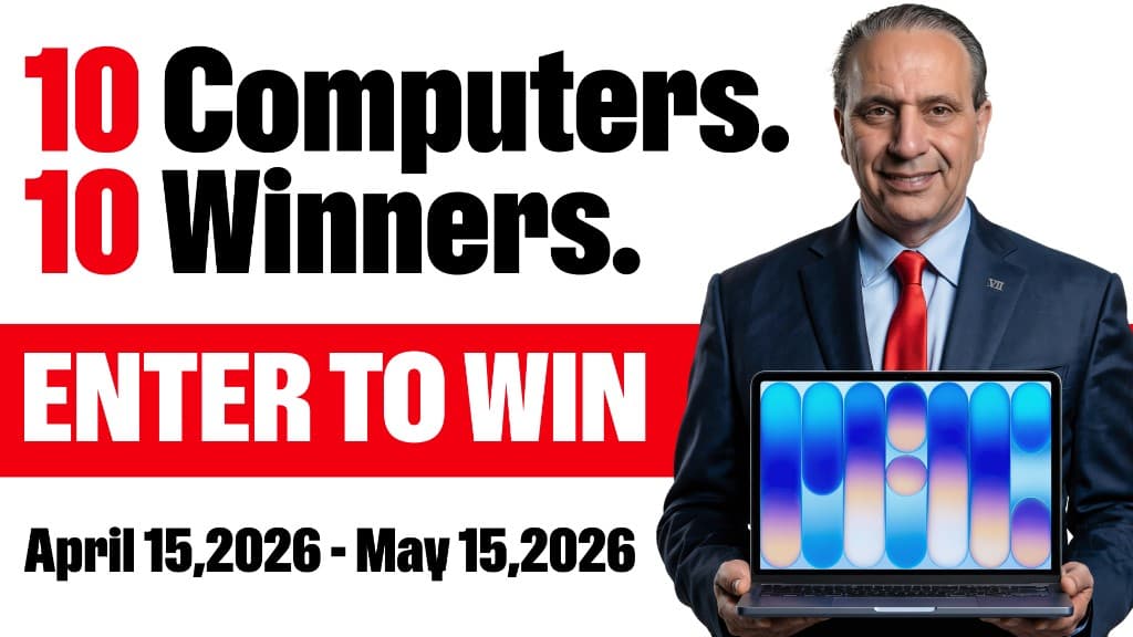 Promotional giveaway banner reading 10 computers. 10 winners. Enter to win. April 15, 2026 through May 15, 2026, next to Alexander Shunnarah holding a laptop.